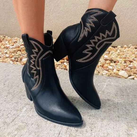 NEW Black Pointy Toe Block Heel Western Stitch Embroidery PU Leather Ankle Boots - Picture 5 of 10